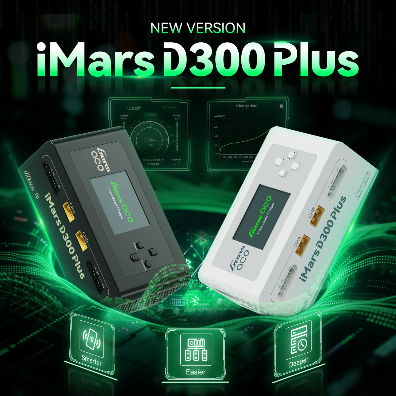Gens ace iMars D300 Plus Smart Charger | Bluetooth App Control | G-Tech | Dual-Channel | Black - Image 2